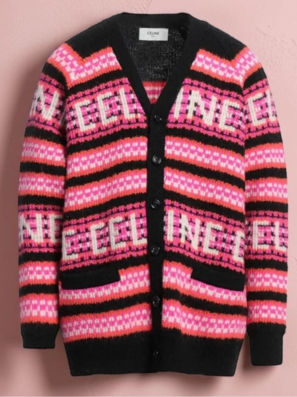 Celine Pink & Black Logo Stripe Wool Cardigan Size Small